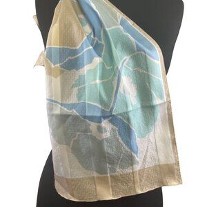 Beautiful Textured Polyester Scarf w/ Blue & Tan Floral Print 11 x 52